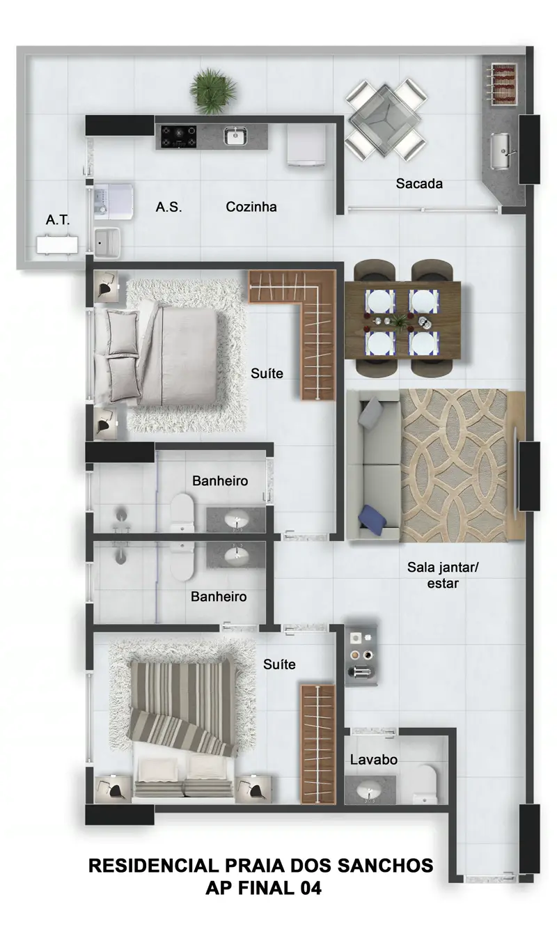 Praia do Sancho, 2 suítes · 75,45 m²