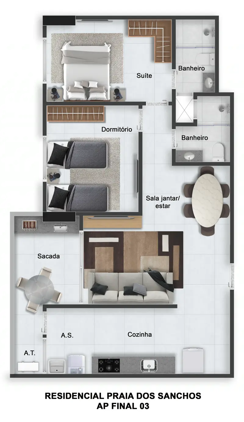 Praia do Sancho, 2 dorm. · 67,6 m²